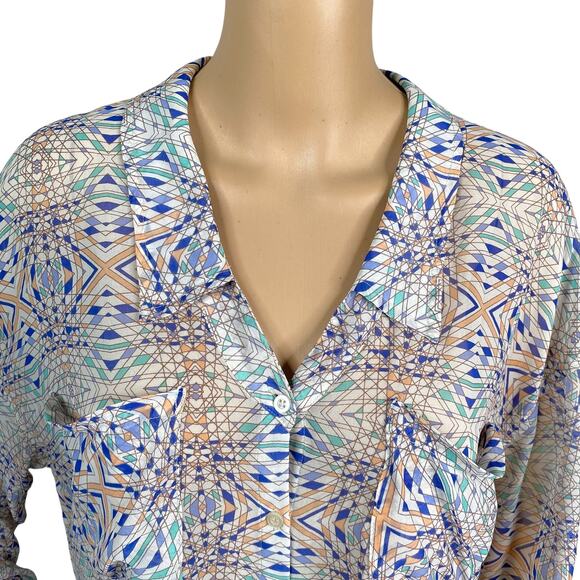 Free People Easy Rider Sheer Geometric Button Down Top SZ M - Picture 4 of 9
